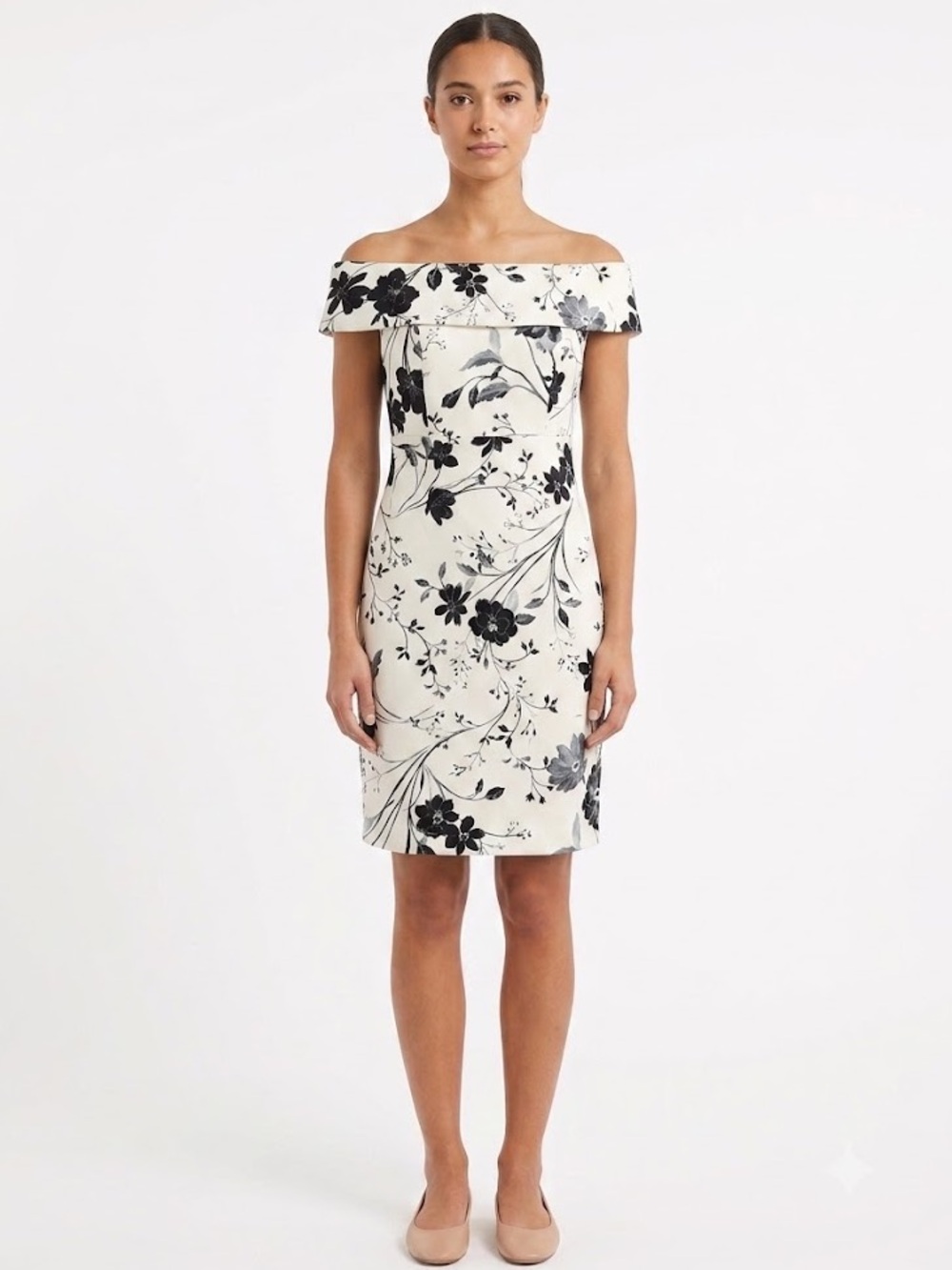 CALVIN KLEIN Black and White Floral Off-The-Shoulder Knee Length Dress - Sz 8